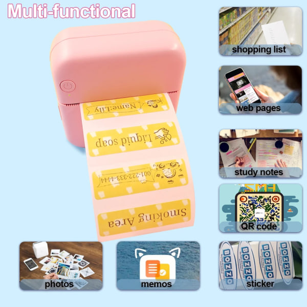 Mini Pocket Printer Sticker Etikettskrivare Bläckfri Bluetooth trådlös thermal skrivare Notera Fotoutskrift Bärbar skrivare Office Full Pink