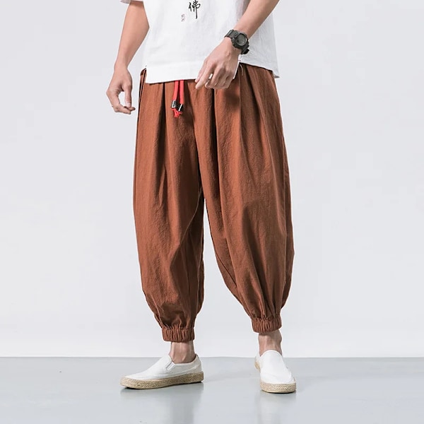 Vår Sommaren Fast Färg Byxor Män Loose Casual Bred Svettbyxor Mode Baggy Bottoms Casual Joggers Man Lanterne Byxor linen coffee XL