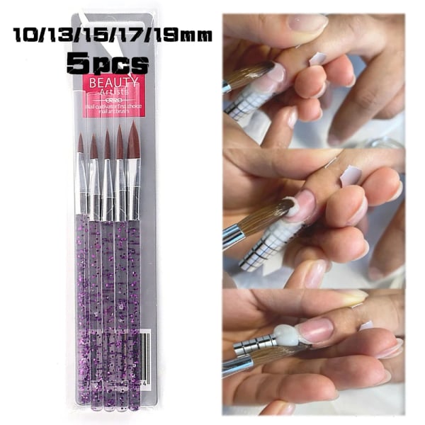5 st Glitterhandtag Nail Art borste 10/13/15/17/19 mm Skrivfärdighet för akrylpulverborstar DIY Byggborste Manikyrverktyg*TB Purple