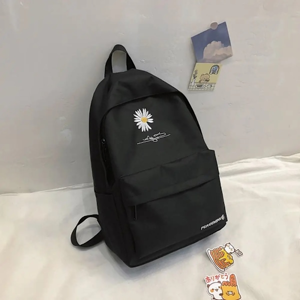 Rento reppu Canvas Boka vihreä Daisy-kirjonnalla Suuri kapasiteetti Reput Street Travel Bag Opiskelijan koululaukut Kannettavat laukut Black