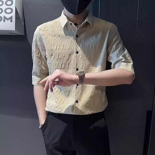 Kort Ärm Skjorta Mäns Sommar Mode Varumärke Casual Stilig Halv Ärm Skjorta Trendy Mäns Kläder Halv Slen Tröja Khaki M