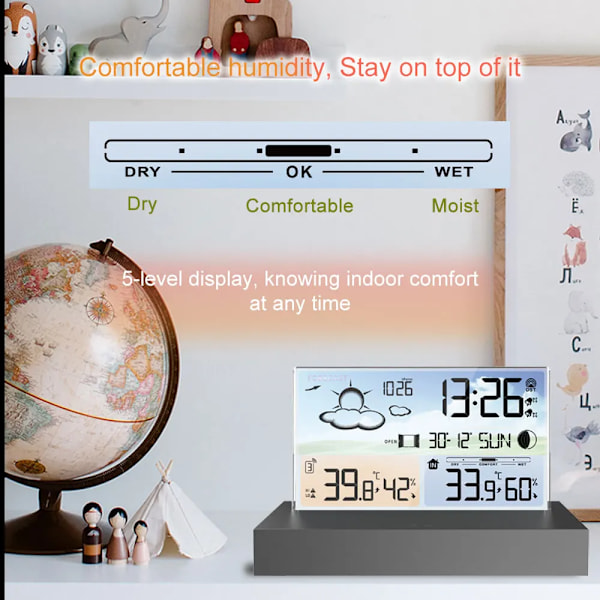 Digital Väderstation Temperatur Fuktighetsmätare Väckarklocka Väderprognos Frostvarning Inomhus Utomhus Hygrotermometer Black Sensor