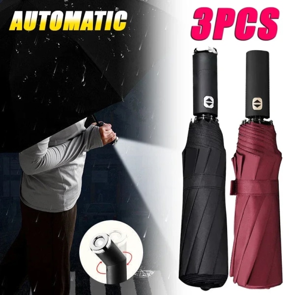 Ficklampa Paraply Svängbart LED Automatiskt fällbart paraply Slitstarkt solskydd Paraply Män & Dam Regn & Glans black-2PCS