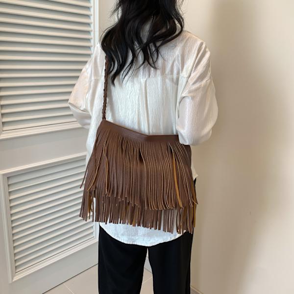 Bohemian Brun Distinctive Taske 2024 Sommer Ny Kvindertaske Retro All-Match Skulder Crossbody Taske Kvast Tasken Brown