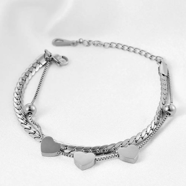 Hnsp Rostfritt Stål Hjärta Armband För Kvinnor Dubbel Lager Hand Kedja Flickor Smycken Tillbehör Fest Födelsedagspräva Silver bracelet