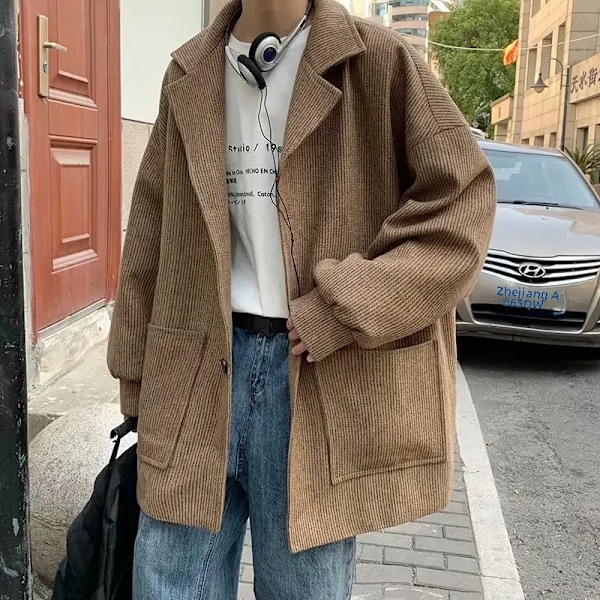 Miesten villakangastakki korealainen tyyli Loose Fit syksy / talvi Rock takki muoti ulkovaatteet Trench Khaki XL