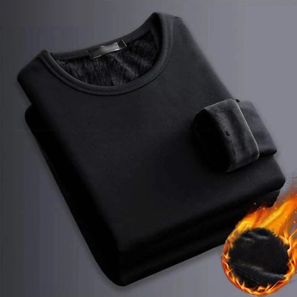 2 STK Herrunderkläder Vinter långärmade thermal Plus sammet T-shirt O-hals Enfärgad Slim Bottoming Shirt 1Black1White L 50-60kg