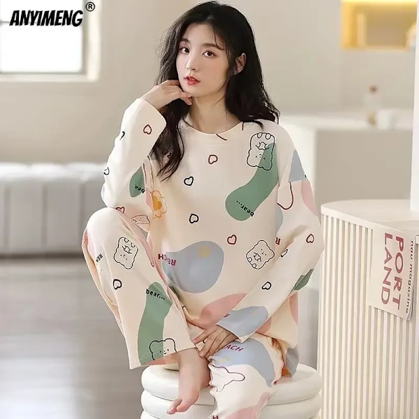 M-5Xl Stor Storlek Hösten Vår Pyjamas Set För Kvinnor Kawaii Tryckning Sömnkläder För Tjej Mode Lång Ärm O. Nack Kvinnas Pijamas 18 5XL 90-100KG