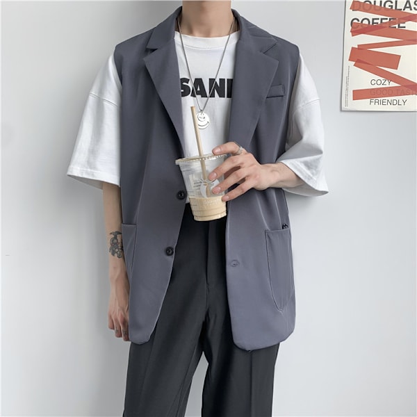 Höstdräkt Mäns Västjacka Mäns Koreansk-Stil Moderiktig Ärmlös Kostym Hong Kong-Stil Loose Wa. Väst Sommare Black M