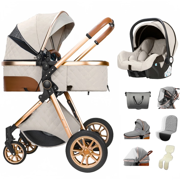 Lyxig baby 3 i 1 bärbar baby hopfällbara barnvagnar hög landskap aluminiumram bil för nyfödd baby 3 in 1 Beige