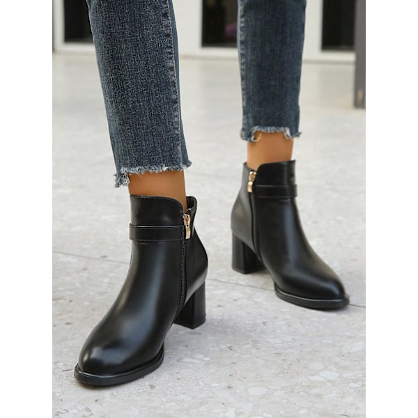 Chunky Heel Round Toe Medium Ankel Boot, Mode Bekväm Och Slimping Bootie För Vintern Black CN40