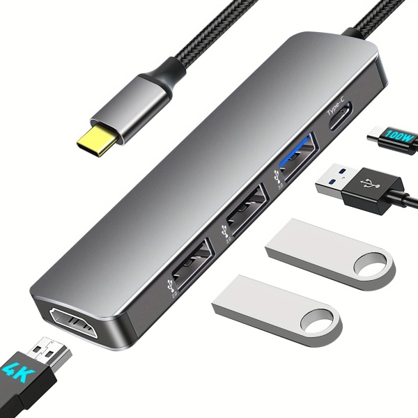 5-i-1 USB C Hub Multi-Port Adapter För MacBook Pro/ För IPad, Typ C Hub Till 4K HDMI | 100W power | USB 3.0-port | 2 USB 2.0-portar | USB-C