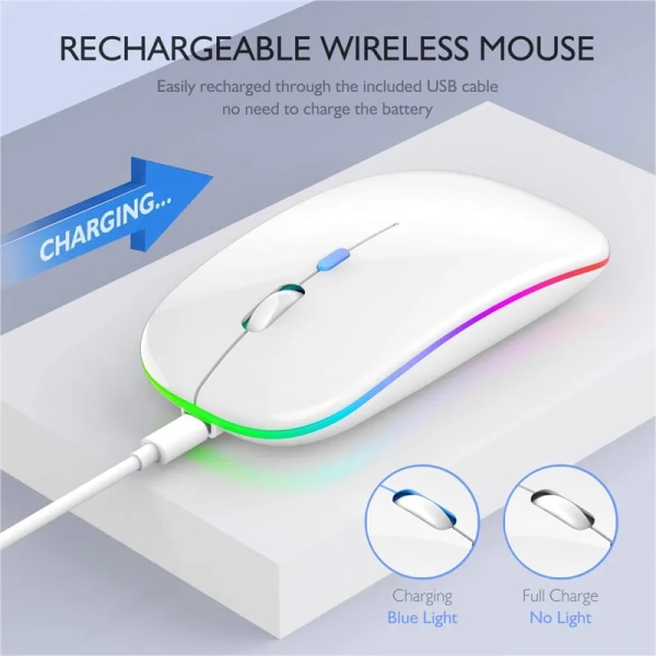 Trådlös LED-mus USB Uppladdningsbar Bluetooth-kompatibel RGB-mus Tyst ergonomisk mus med bakgrundsbelysning för bärbar dator ipad Dual mode-Black