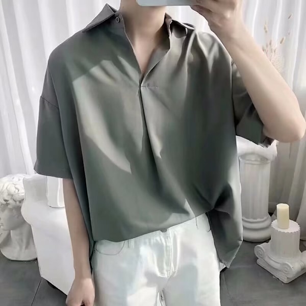 Sommar Tunn Topp Koreansk Stil Loose Casual Kortärmade Skjorta Mäns Trendy Höggradig Draping Icke-Järng Trend Black XL