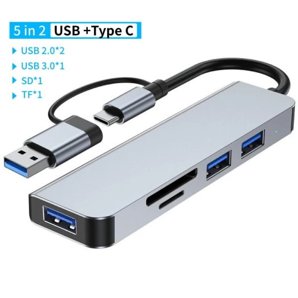 Concentrator USB A Type C, Station d'accueil, Multi Adaptateur, Lecteur de carte SD TF, Audio, Multi-hub S6 Splitter för MacPleAir PC 5 in 2 Gray CHINA