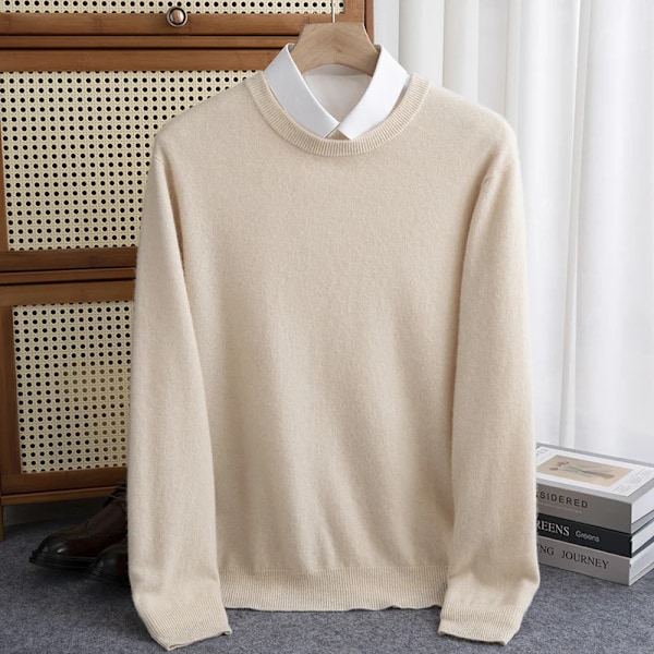 Ny 100% Ren Uld Trøje Mænds Efterår Vinter O-Hals Pullover Business Casual Base Trøje Strik Høj Grad Varm Mal. E Jumpere Beige XL(80-90kg)