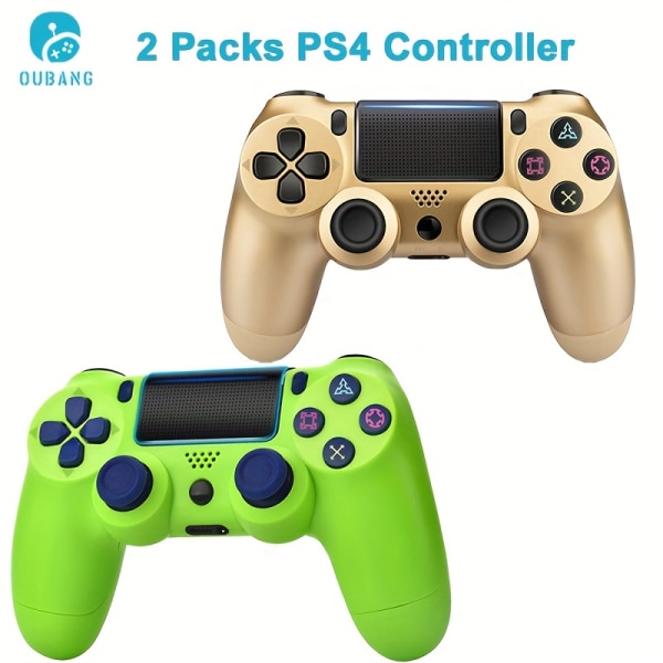 (2 förpackningar) trådlös handkontroll för PS4, kontroll med LED-ljus, stort inbyggt batteri och mycket kompatibel med PS4/Steam/PC/IOS/Android (2-pack: Golden+Green