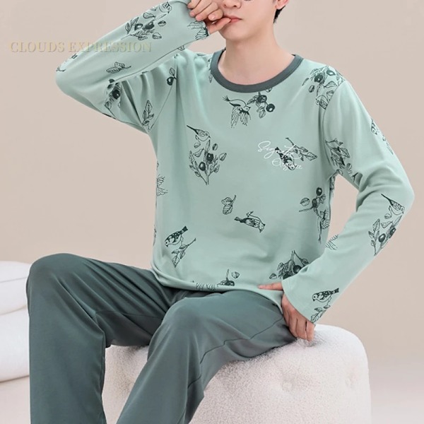 Syksyn Plus 5Xl Neule Miesten Yövaatteet Kirje Hila Pyjamat Ruudullinen Pyjamasetit Rentouttavat Setit Loungewear Pyjamat Yötila M23 4XL ASIAN(95-105Kg)