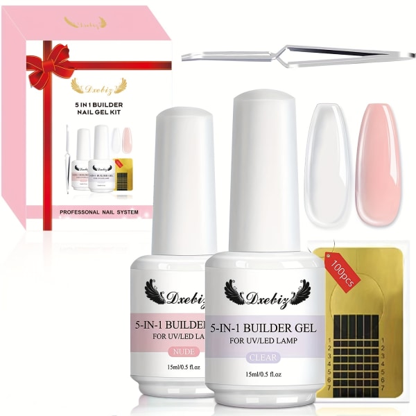 5-i-1 Builder Nail Gel Set - 2 färger 15ML Builder Nail Gel Set för nagelförlängning, nagelreparation, förstärkning, stickande diamanter och nail art NUDE、CLEAR