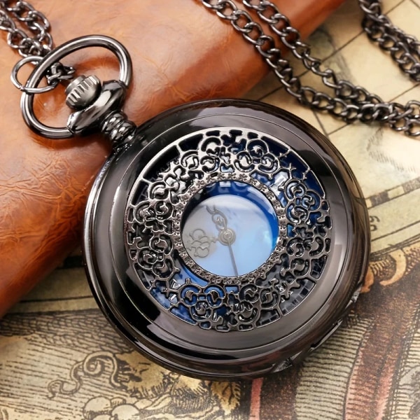 Starry Blue Urtavla hänge brons ihålig kvarts watch romerska siffror retro watch black