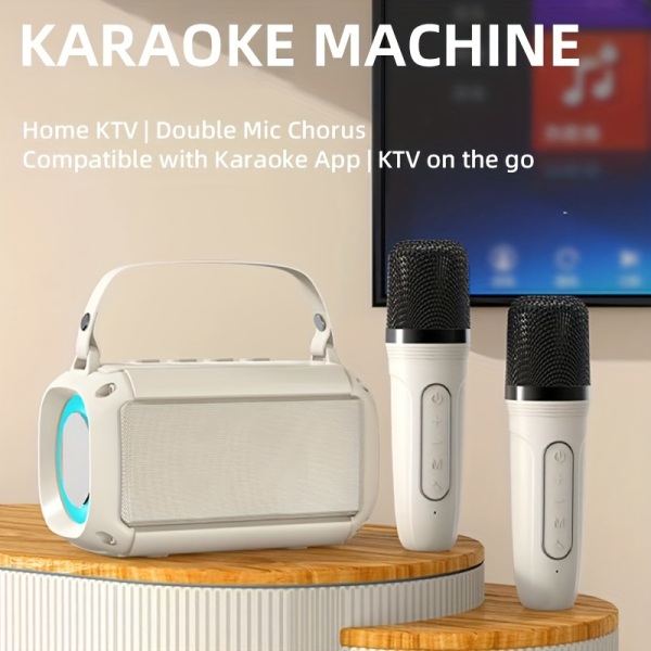 Kinglucky T33 karaokemaskin, mini bärbar trådlös karaoke-högtalare, med 2 trådlösa mikrofoner och färgade lampor pink 1mic