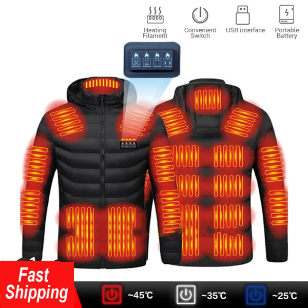 Tvättbar USB laddnings- och värmejacka, jacka med huva i bomull, elvärme, thermal , utomhus, camping, vandringszon 11Areas heated Red Asian size 5Xl