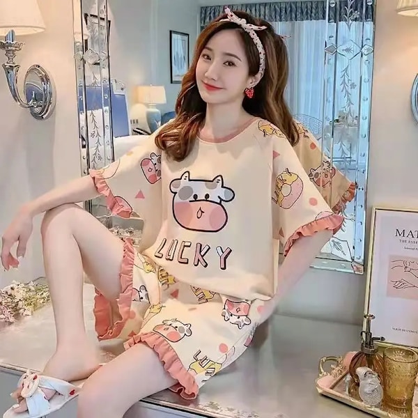 Sommar Nya Pyjamas Loungewear Set Kvinnors Sommar Tunn Kort Ärm Söt Prinsessa Style Plus Storlek Student Pyjamas Lounges Kläder Inställda White XXL