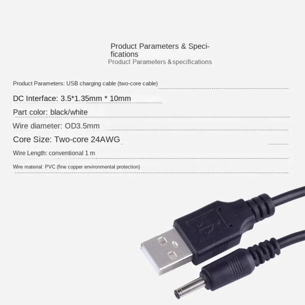USB DC 3,5 mm Power USB -laddare Konvertera till DC 3,5 *1,35 Vit Svart L Form rätvinklat uttag Med sladdkontakt Kabel 1M Black