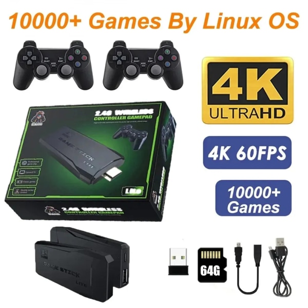 M8 Game Stick 4K Linux OS TV-videospelskonsol Inbyggd 10000+ spel 2,4G Dubbla trådlösa handtag 64GB 3D-spel för PS1 SFC 64G