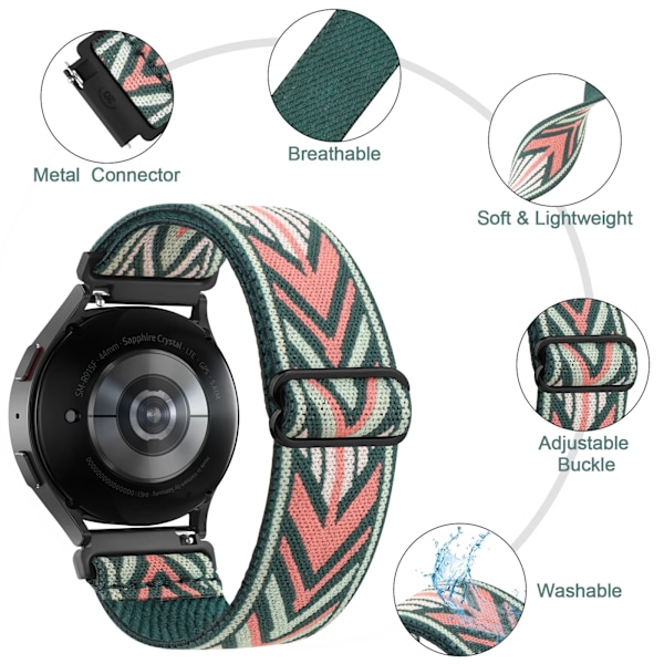 Elastisk Nylonrem til Samsung Galaxy Watch FE 7 6 4 5 40mm 44mm/5 Pro/4 6 Classic 42mm 46mm 47mm/Active 2/Watch 3 41mm Bands Green Arrow 20mm Width Strap