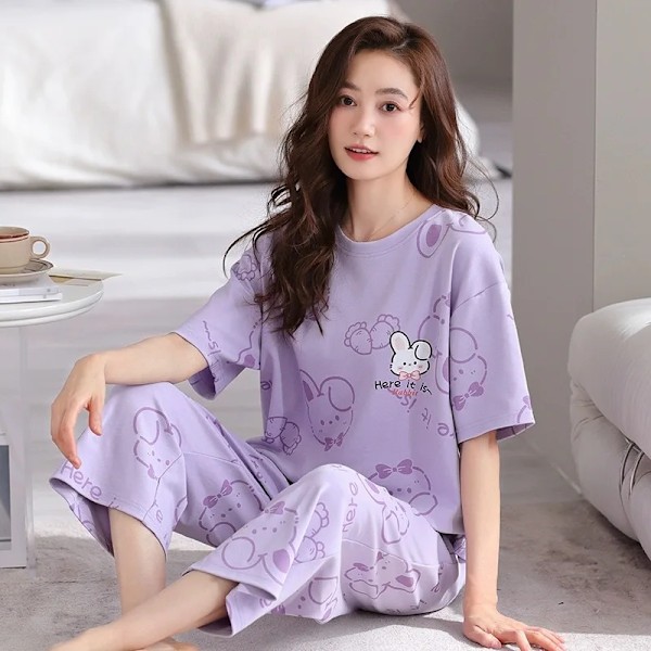 Kesä Naiset Kaksi Osainen Pyjama Naiset Seitsemän Housut Lyhythihaiset Tytöt Uusi Koko Pyjama Homewear Vapaa-ajan Sukulainen PurpleT3 L(40-50kg)