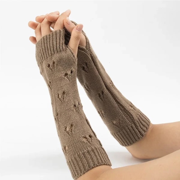 1Pair Vinter Varmare Kvinnor Handhandskar Snygg Handflickor Lolita Arm Virka Sticka Hollow Heart Mitten Varm Fingerlösa Handskarar khaki One Size