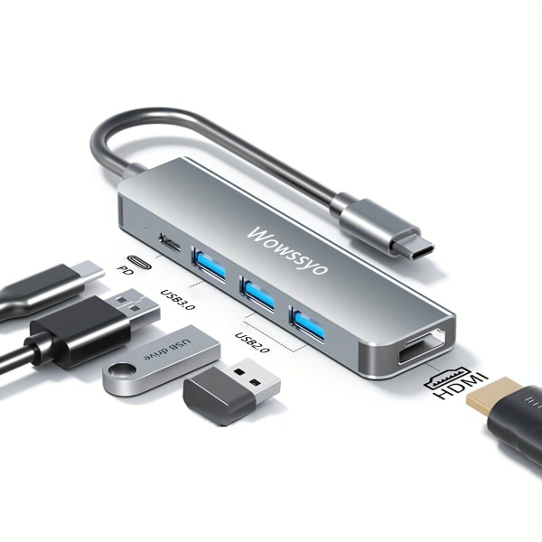 Wowssyo USB C Hub 12,7 Cm 1, USB C-adapter i aluminium för MacBook Pro/Air, 4K HDMI, PD 87W , USB 3.0/2.0-portar, för IPad Pro M1, för XPS