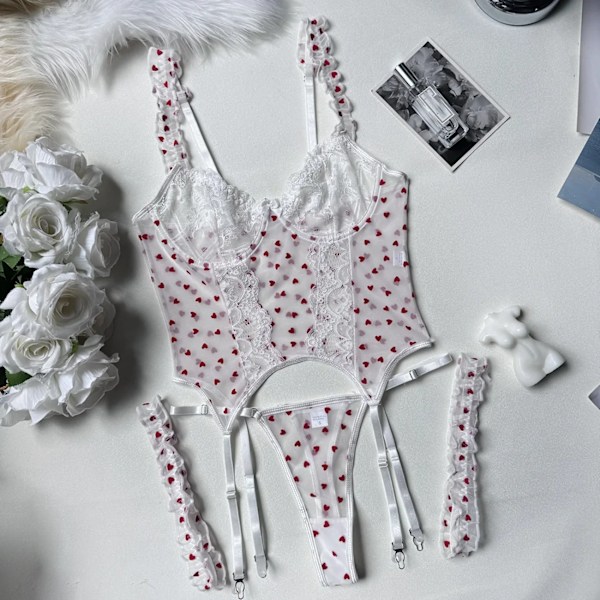 Lovermore Sexig Underkläder Set Romantisk Hjärtat Spets Ruffled Vackra Underkläder Fancy Exotic Set Valentine Polka Do. T Intimt White M