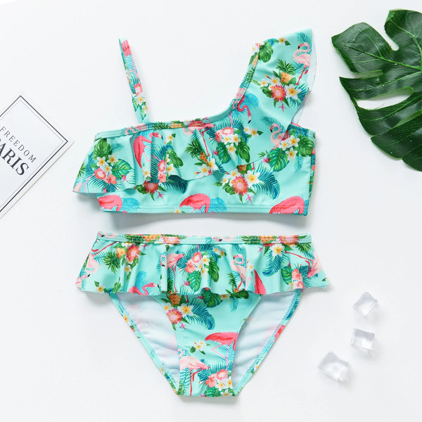 Bikinibaddräkt för flickor med en axeldesign Härlig Flamingo Unicorn sommarbaddräkter Green 4Y