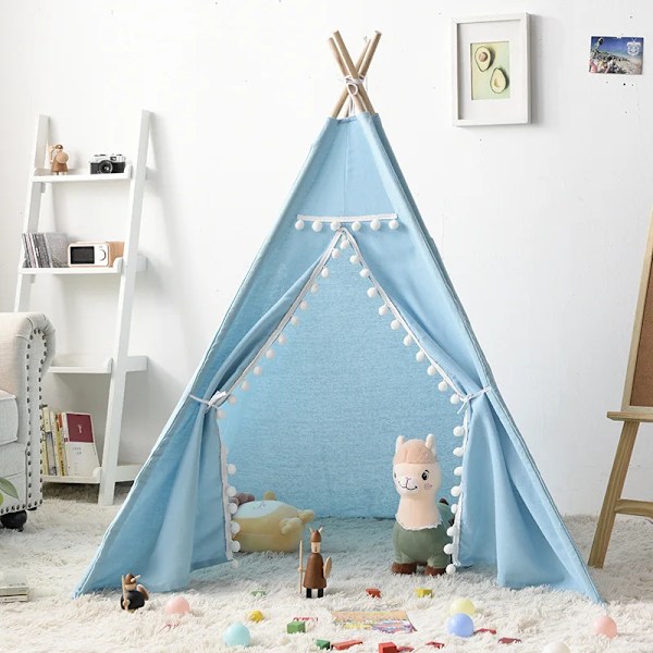 Bärbara Barn Tält Tipi Lek Hus Kids Bomull Canvas Indisk Lek Tält Wigwam Child Little Beach Teepee Festrum De Kort blue tent