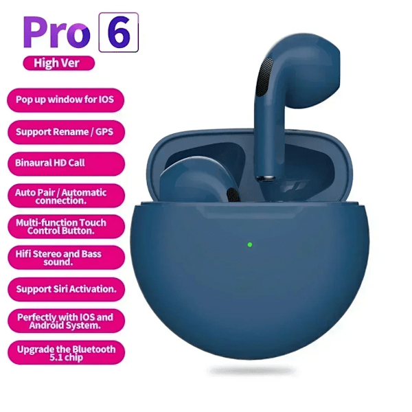 Air Pro 6 Tws Langattomat Kuulokkeet Mikrofonilla Fone Bluetooth Kuulokkeet Urheilukäyttöön Juoksu Kuulokkeet Apple Iphone Xiaomi Pro 6 Korvatulpat blue