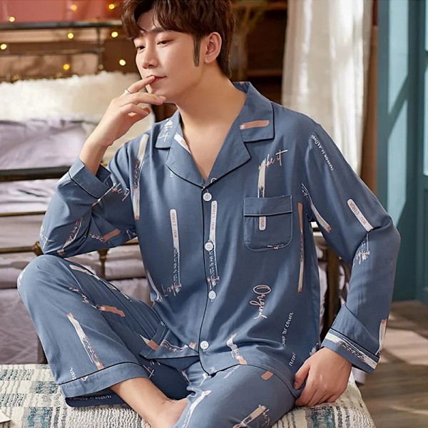 2022 Nya Mäns Vår Höst Lång Ärm Pyjamas Set Cardigan Koreansk Stil Tunn Hemwear Byxor Kostym Blue vertical bar XXXL