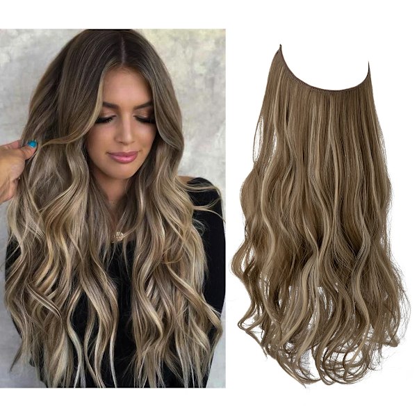 Syntetiska Ingen Clip Wave Hår Extensions Ombre Naturlig Svart Blond Rosa En Bit Falsk Hårpiece Fisk Linje Fake Hårstycken 10H24B 16inches