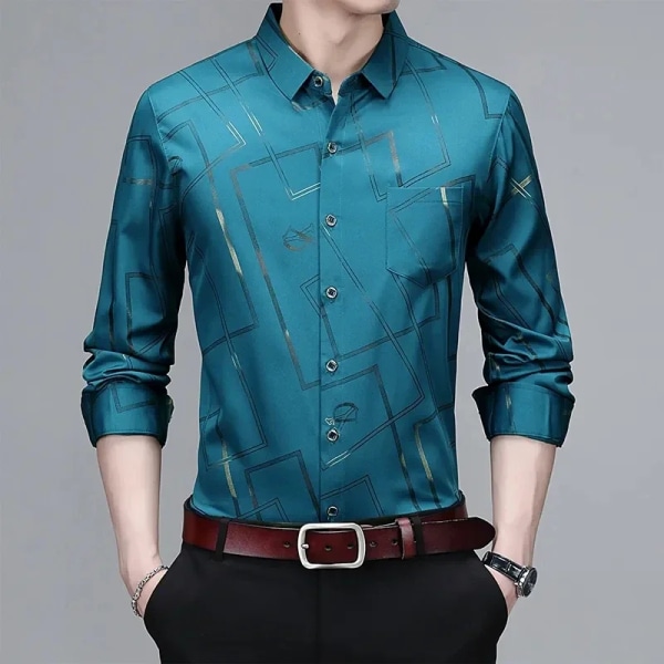 Casual och moderiktig långärmad printed skjorta för män, icke-stryknings- och rynkbeständig affärstopp GRAY L