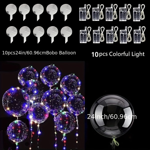 10st, Nya 60,96 Cm LED-ballonger Transparenta Helium Bobo-ballonger, Glow Bobo-ballonger med ljusslingor för alla hjärtans dag Halloween jul Colorful 10 Packs