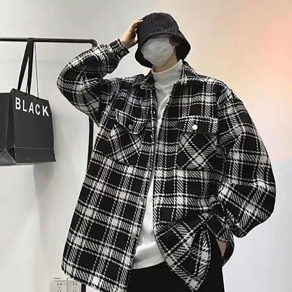 Lätt Mogen Plaid Ull Överalls Handsom Man Korean Style Trendy Jacket För Tonåringar Män Höst Och Vintern Black M