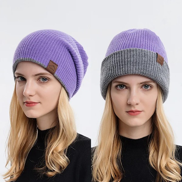 Unisex Stickad Mössa i Fast Färg för Par - Vinter & Höst, Vändbar Ullmössa, Trendig & Avslappnad, Kantlös Enkel Mössa, LUXXETON Double sided purple Adjustable