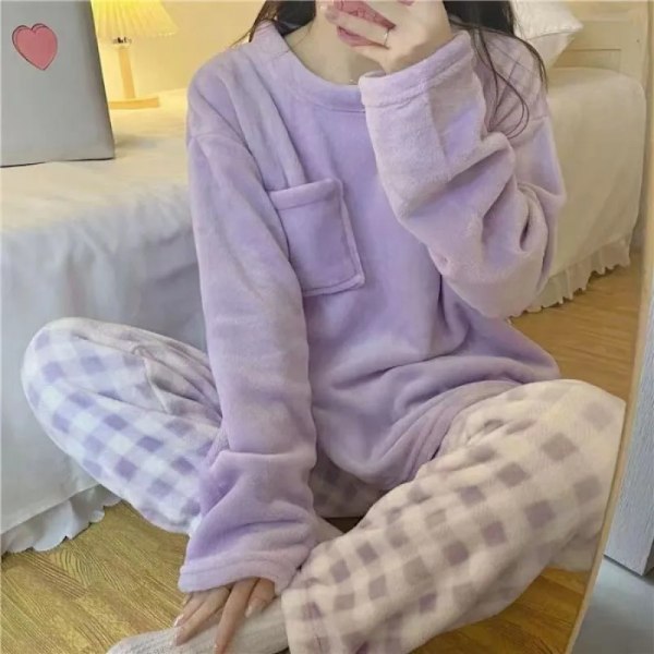 Hösten Ny Varm Rund Halslång Ärm 2 Bit Outfit Set Kvinnor Plush Hem Kläder För Kvinnor Söta Tryckning Pyjamas För Flicka Flicka S green L