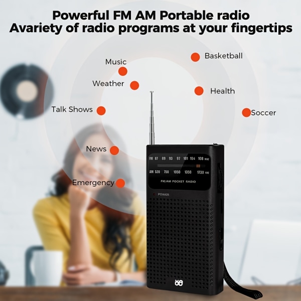 Cappsu bärbar radio AM/FM FM-radio, 2 AA batteridriven (ingår ej), 24,0 cm antenn långdistansmottagning för inomhusbruk White