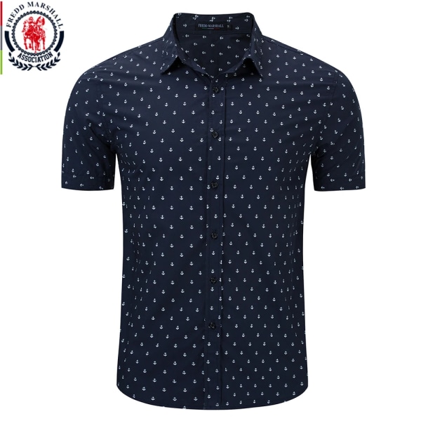 2020 Sommar Nytt printed herrskjorta 100 % bomull Kortärmad Slim Fit Casual Business Shirts Social 55907 55907 Navy Blue L