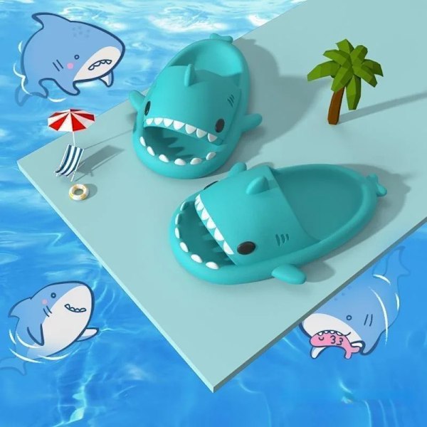 Sommar Kvinnor Shark Slides Par Strand Havet Flip Flops Söta Kids Shark Tofflor Slippers Non-Slipp Män Inomhus Utomhus Sandals Blue 34-35