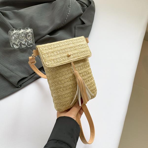 2024 Personaliserad Sommaren Ny Halm Vävda Moderik Stilfull Casual Vävning Enkel Axel Cross Kroppsmobiltelefon Vertikal Liten Torg Dampåsen Creamy-White
