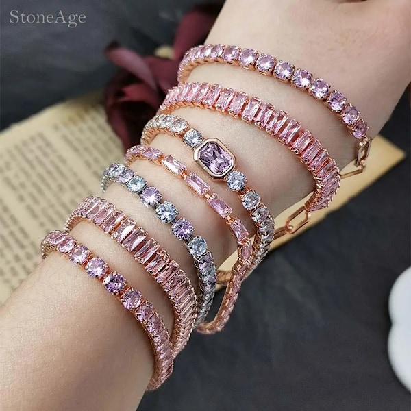 Pink Crystal Tennis Armbånd til Kvinder Kvinde Trend Romantisk Shiny Zirconia Justerbar Fælge Spænde Kæde På Hånd Je Gods KCH086-11