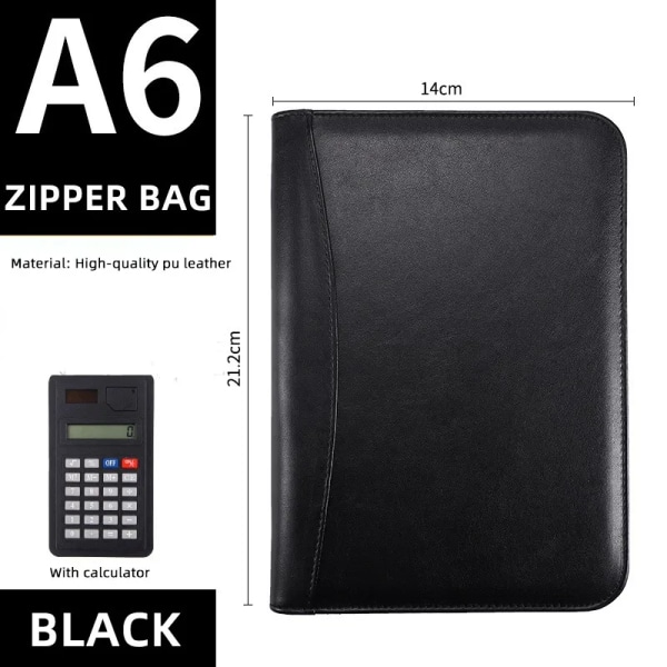 A5/A6 Business PU Läder Cover Lösblad Dragkedja Padfolio Anteckningsbok Pärm Journal Bok Anteckningsblock med kalkylator A6 Black